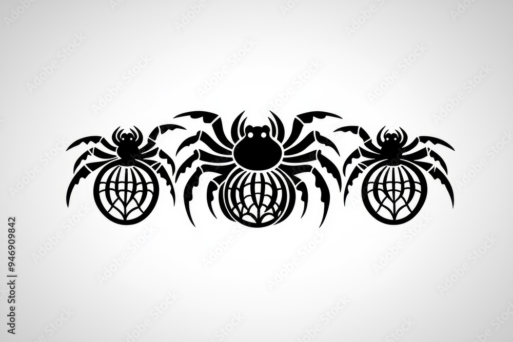 Wall mural three black spiders with webs in tribal style