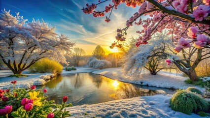 Frozen winter landscape transforms into vibrant spring scene as warmth thaws icy branches, revealing lush greenery and colorful blooming flowers in serene natural setting.