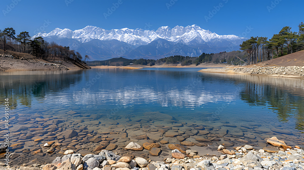 Wall mural Magnificent natural scenery with the lake and high snowy Piatra Craiului mountains in the background