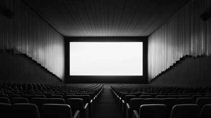 Fototapeta premium Elegant Silence: The Hushed Cinema Hall, Blank Screen and Empty Seats, A Blank Canvas for Creative Messaging and Branding in Stock Photography Style