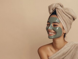 beauty photo of a young girl smiling wearing a cosmetic face mask on her face and a towel on her head portrait photo on a light beige background studio soft light style beauty photo