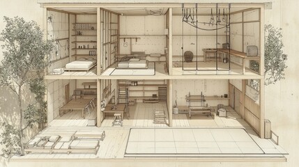 Cross-section View of a Modern Japanese House with a Patio