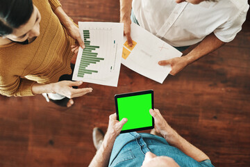 Office, people and above with green screen on tablet in meeting for sales analysis, kpi or planning. Business, cost management and graph with mockup space for profit growth, brainstorming or solution