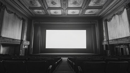 Elegant Silence: The Hushed Cinema Hall, Blank Screen and Empty Seats, A Blank Canvas for Creative Messaging and Branding in Stock Photography Style
