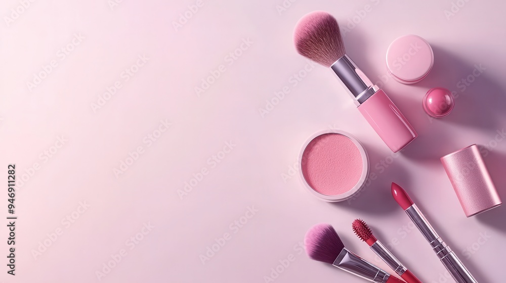 Poster an elegant display of various cosmetic products on a soft background features lipstick, makeup brush