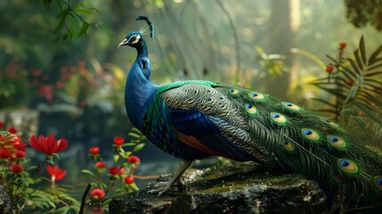 Obraz premium Peacock in foreground with natural landscape generative ai