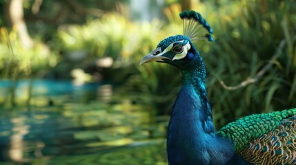 Obraz premium Peacock in foreground with natural landscape generative ai