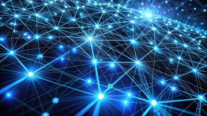 Fototapeta premium Glowing blue neural network pathways crisscross a dark background, representing the cutting-edge intersection of artificial intelligence, quantum physics, and high-performance computing technology.