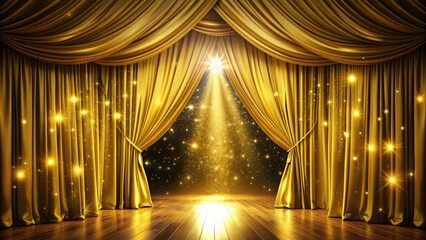 Golden curtains dramatically parting to reveal a bright, spotlit stage, symbolizing the start of a grand performance, announcement, or ceremony, conveying excitement and anticipation.