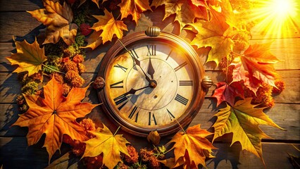 Golden hour sunlight casts long shadows on a rustic clock face, surrounded by vibrant autumn leaves, as daylight saving time comes to an end.