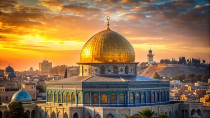 Obraz premium Golden light casts a warm glow on the majestic Dome of the Rock, a stunning Islamic shrine with intricate architecture in Jerusalem's Old City.