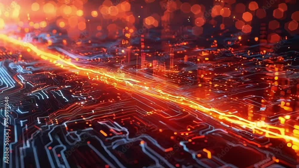 Poster abstract glowing lines are crossing a digital circuit board, representing financial data processing 