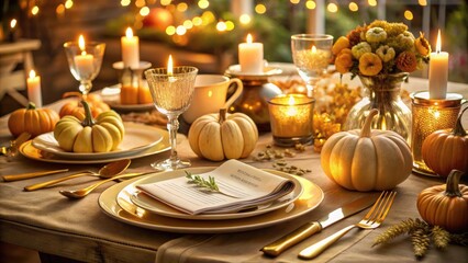 Golden-lit, elegant table setting with perfectly arranged dinnerware, linens, and pumpkins, accompanied by a checklist and inspirational notes for a stress-free Thanksgiving celebration.