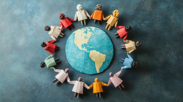 Paper people in different outfits hold hands around a globe on a blue surface, symbolizing global unity and diversity. The concept of the day "Zero discrimination"