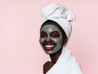 beauty photo of a African young girl smiling wearing a cosmetic face mask on her face and a towel on her head portrait photo on a light pink background studio soft light style beauty photo