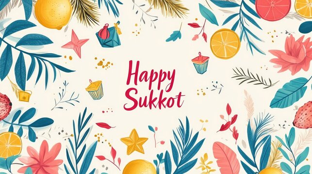 Celebrating Sukkot with traditional symbols of the holiday on a light background, etrog (citron), lulav (palm branch), hadas (myrtle), arava (willow) with the inscription "Happy sukkot".