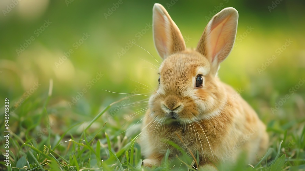 Poster A cute rabbit sitting on green grass in a natural setting.