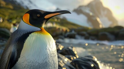 Penguin in foreground with natural landscape generative ai