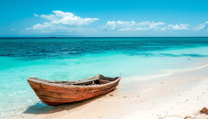 View of nice tropical beach white sand with old boat