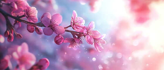 Delicate Pink Cherry Blossoms on a Branch Against a Soft, Blurred Background