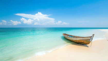 View of nice tropical beach white sand with old boat