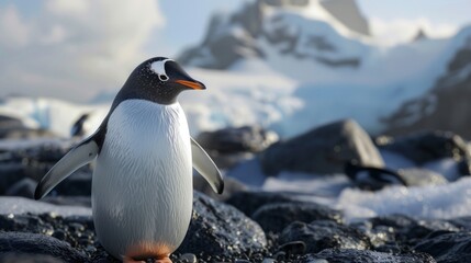 Fototapeta premium Penguin in foreground with natural landscape generative ai