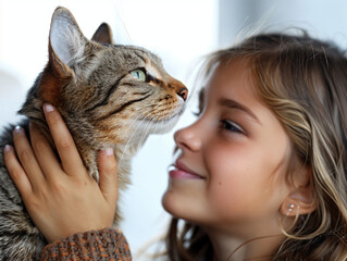A girl and her cat, pet love, connection, pets, cats, kittens, adoption, children and animals, indoor shot, studio style photo, beautiful children and pets
