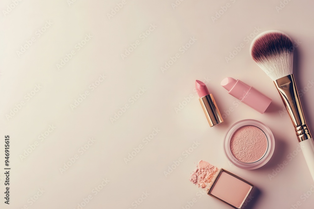 Poster cosmetic products including lipstick and brushes are neatly arranged on a soft light background, sho