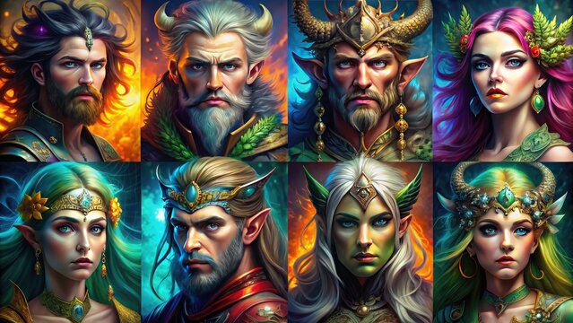 Illustrated profiles of mythical heroes and legendary characters from fantasy and folklore, featuring bold lines, vibrant colors, and dynamic compositions.