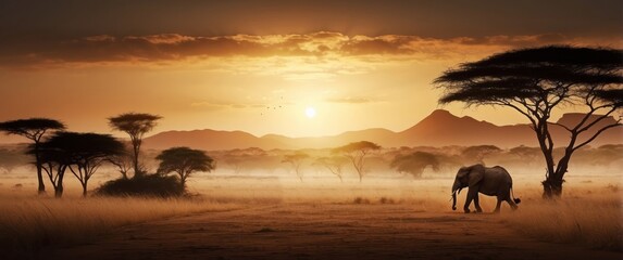 Fototapeta premium Elephant Walking Through African Savanna at Sunset