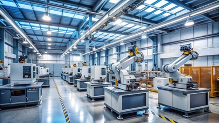 Obraz premium Industrial factory interior with rows of futuristic CNC machining centers and robotic arms working in unison, spotlighting precision metal part production efficiency.