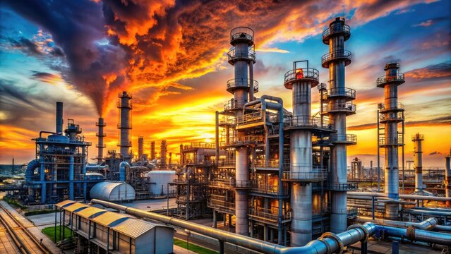 Industrial petrochemical plant at sunset with tall distilling towers and intricate network of pipes and valves amidst a backdrop of vibrant orange and blue hues.