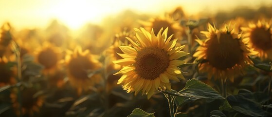 Golden Sunflower Blooming in a Field at Sunset