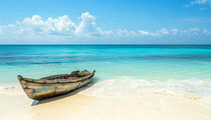 View of nice tropical beach white sand with old boat