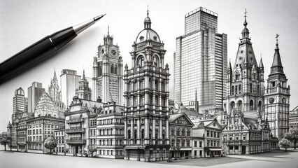 Fototapeta premium Intricate architectural sketches in bold black ink depict modern buildings, ornate facades, and abstract cityscapes on a white background, showcasing creative design and precision.
