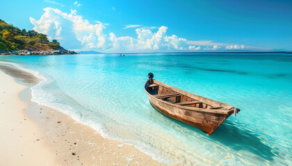 Fototapeta premium View of nice tropical beach white sand with old boat