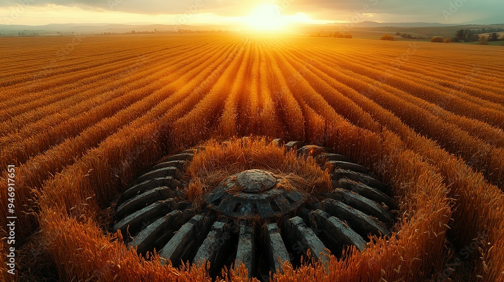 Poster sunset over a field of golden wheat with a mysterious object in the center