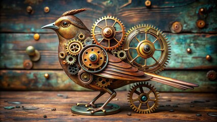 Intricately crafted mechanical bird with brass gears, copper cogs, and weathered patina, evoking a sense of industrial elegance and fantastical Victorian-era innovation.
