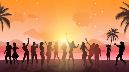 Sunset Beach Gathering Silhouettes Dancing under Twilight Sky