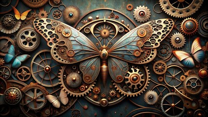 Intricately designed mechanical butterfly with gears, cogs, and copper wings spread wide, surrounded by dusty old clockwork mechanisms and vintage botanical illustrations.
