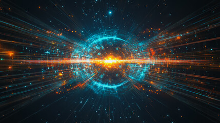 Obraz premium Abstract light explosion and network points, dot, earth's surface, digital background Innovation network points Earth's surface wave background digital wave information technology background