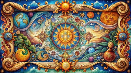 Intricately detailed, vibrant hand-drawn fantasy symbols adorn a mystical scroll, featuring celestial bodies, ancient runes, and whimsical creatures amidst swirling patterns and ornate borders.