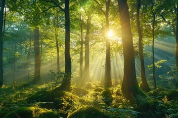 Obraz premium Sunlight beams through trees in a lush forest. Perfect for nature, environmental, and serenity themes.