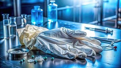 Latex glove lies crumpled and discarded on a stainless steel table, surrounded by scattered medical supplies and a hint of sterile blue light.