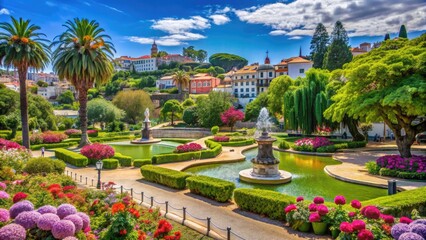 Lush greenery and vibrant blooms thrive in a scenic urban oasis, a stunning backdrop for relaxation and recreation in a picturesque Portuguese city park.