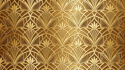 Fototapeta premium Luxuriant gold foil accents adorn an intricate Art Deco-inspired geometric pattern, featuring stylized floral motifs and ornate shapes, evoking opulence and vintage sophistication.
