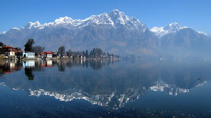 Beautiful mountain range of Dal Lake in winter.