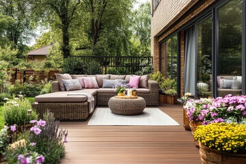 Modern patio furniture with plants. Ideal for showcasing outdoor living spaces, furniture, or landscaping.