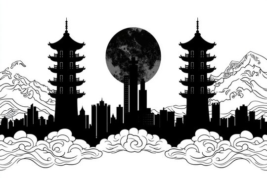 black pagoda skyline with moon and clouds