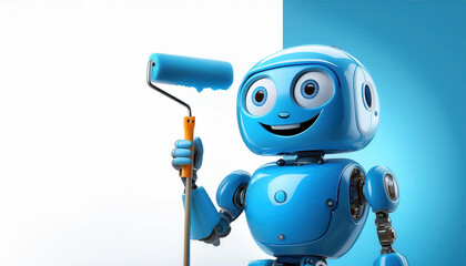 Naklejka premium A Robot Painter: Minimalist, cute, blue, robot holding a paint brush-roller. 16 by 9 with copy space. AI Generative Image